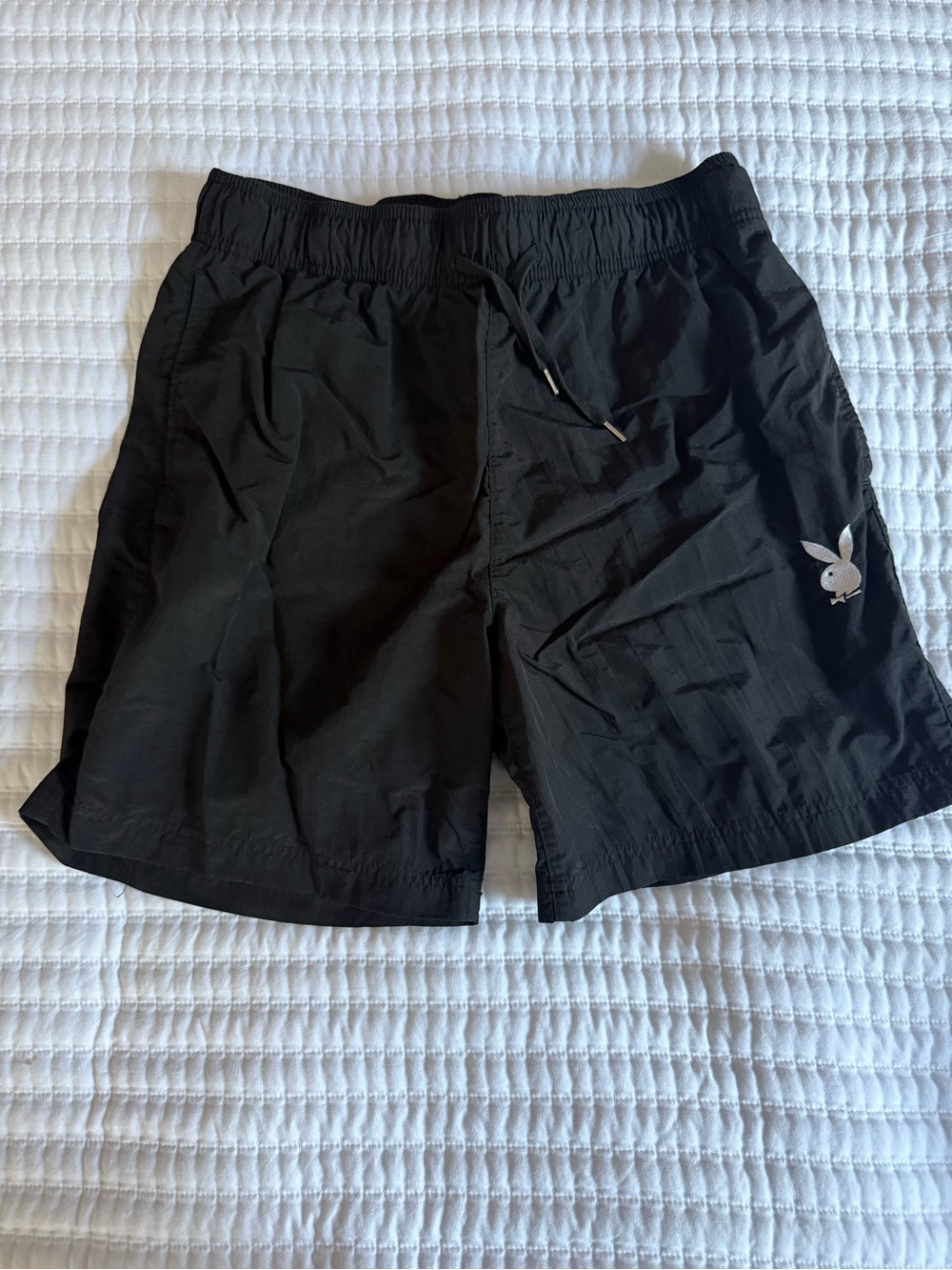 PLAYBOY Black Men's Swim Shorts with Silver Bunny Patch